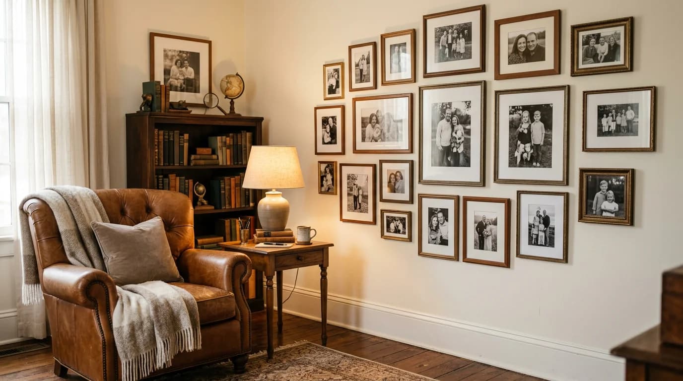 가족 사진이 걸린 따뜻한 기록 공간