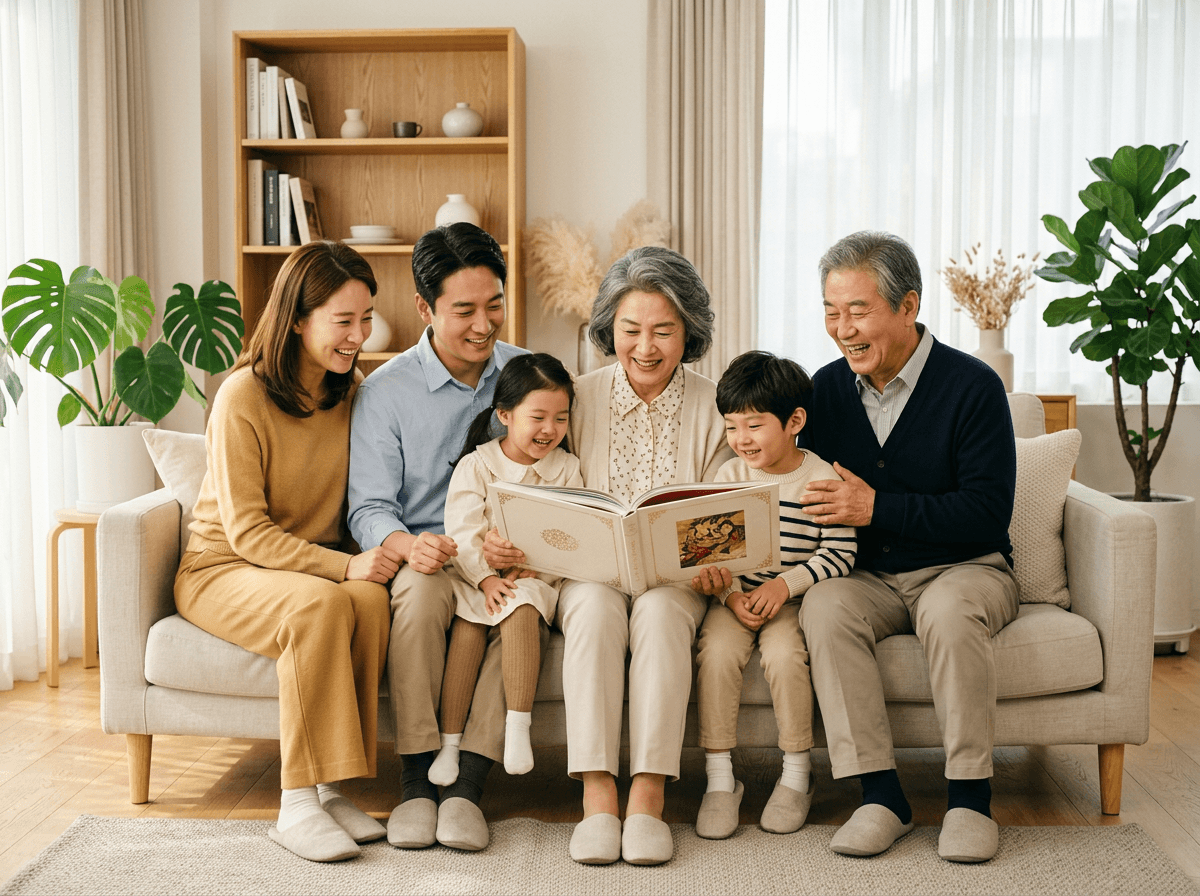 가족이 함께 자서전을 읽는 모습
